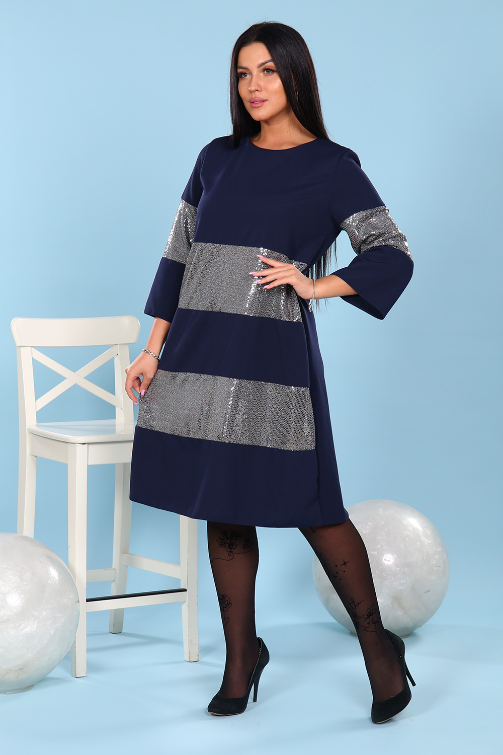 Фото товара 21673, нарядное темно-синее платье с серебристыми блестками